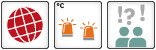 Drei Icons: 1. Globales Kern Kippelement: Globus-Icon, alle Planquadrate eingefärbt; 2. Schwellenwert: Zwei orangene Warnleuchten; 3. Mittlere wissenschaftliche Sicherheit: Icon mit zwei menschlichen Figuren und zwei Ausrufezeichen, einem Fragezeichen