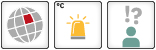 Drei Icons: 1. Regionales Kippelement: Globus-Icon mit einem eingefärbten Planquadrat; 2. Schwellenwert: eine gelbe Warnleuchte; 3. Geringe wissenschaftliche Sicherheit: Icon mit einer menschlichen Figure und einem Ausrufezeichen, einem Fragezeichen