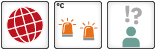 Drei Icons: 1. Globales Kern Kippelement: Globus-Icon, alle Planquadrate eingefärbt; 2. Schwellenwert: Zwei orangene Warnleuchten; 3. Geringe wissenschaftliche Sicherheit: Icon mit einer menschlichen Figure und einem Ausrufezeichen, einem Fragezeichen
